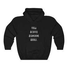 Load image into Gallery viewer, Buy online Premium Quality Yoga Coffee Sunshine and Dogs - Unisex Heavy Blend™ Hooded Sweatshirt - Dog Mom Treats
