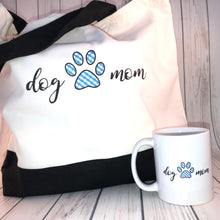 Load image into Gallery viewer, DOG TWINNING - Dog Mom - Blue Check and Floral Pattern REVERSIBLE Gift Pack - Mug and Bag and Dog Bandana