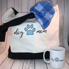 Load image into Gallery viewer, DOG TWINNING - Dog Mom - Blue Check and Floral Pattern REVERSIBLE Gift Pack - Mug and Bag and Dog Bandana
