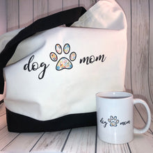 Load image into Gallery viewer, DOG TWINNING - Dog Mom - Blue Check and Floral Pattern REVERSIBLE Gift Pack - Mug and Bag and Dog Bandana
