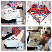 Load image into Gallery viewer, DOG TWINNING - Dog Mom - Red Plaid and Floral Pattern REVERSIBLE Gift Pack - Mug and Bag and Dog Bandana