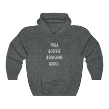 Load image into Gallery viewer, Buy online Premium Quality Yoga Coffee Sunshine and Dogs - Unisex Heavy Blend™ Hooded Sweatshirt - Dog Mom Treats