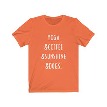 Load image into Gallery viewer, Buy online Premium Quality Yoga Coffee Sunshine and Dogs - Unisex Jersey Short Sleeve Tee - Dog Mom Treats