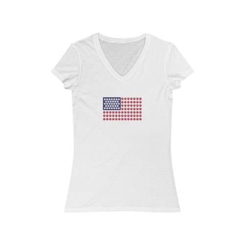 Buy online Premium Quality Paw Print Stripe American Flag - Women's Jersey Short Sleeve V-Neck Tee - Dog Mom Treats