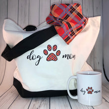 Load image into Gallery viewer, DOG TWINNING - Dog Mom - Red Plaid and Floral Pattern REVERSIBLE Gift Pack - Mug and Bag and Dog Bandana
