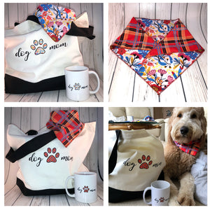 DOG TWINNING - Dog Mom - Red Plaid and Floral Pattern REVERSIBLE Gift Pack - Mug and Bag and Dog Bandana