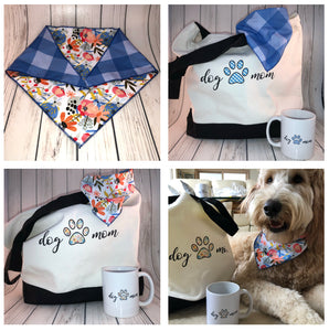 DOG TWINNING - Dog Mom - Blue Check and Floral Pattern REVERSIBLE Gift Pack - Mug and Bag and Dog Bandana